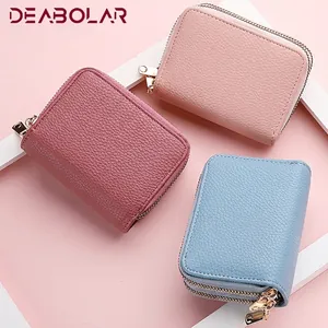Multi-slot double zipper PU leather card holder wallet for women in various pastel colors