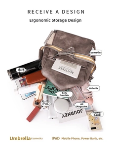 Macro detail showing large capacity of vintage brown backpack with diverse essentials