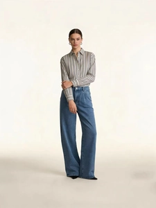 Chic striped long sleeve shirt paired with high waist wide leg blue denim jeans set