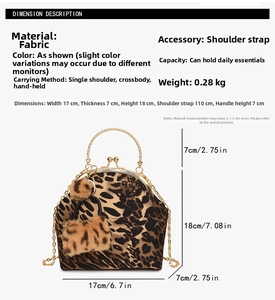 Detailed view of leopard print bag size dimensions with golden handle and chain strap
