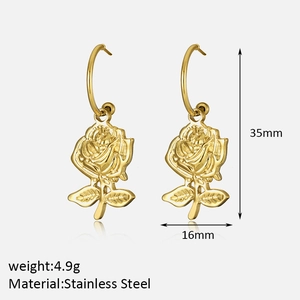Detail view of gold-plated stainless steel rose earrings with precise size dimensions