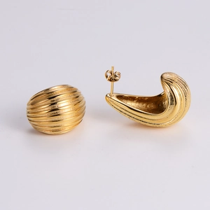 Pair of gold-plated stainless steel teardrop earrings with elegant shell texture on white