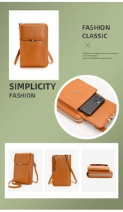 Detail views showing multiple angles and phone storage of this orange PU leather crossbody bag