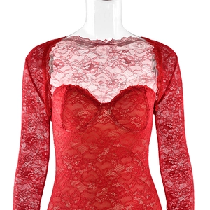 Detail of red floral lace long sleeve top with sweetheart neckline on mannequin