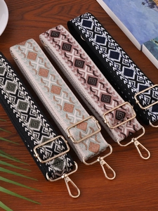 Wide Replacement Bag Strap Adjustable Bohemian Ethnic Geometric Jacquard Polyester Shoulder Crossbody Belt For Women Gold Buckle