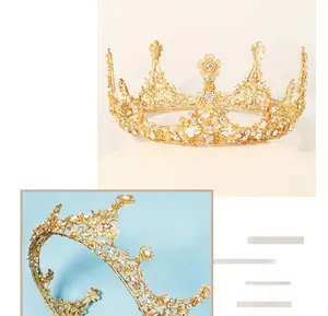 Detailed view of the gold bridal tiara featuring intricate floral patterns and white rhinestones
