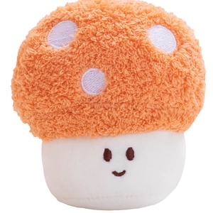 Cute red mushroom plush toy with a smiley face and white dots for bag decoration