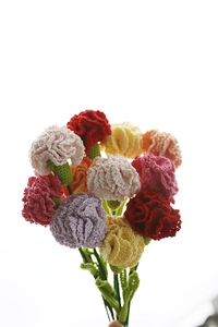 Detailed view of handmade crochet carnation bouquet with multi-colored yarn texture