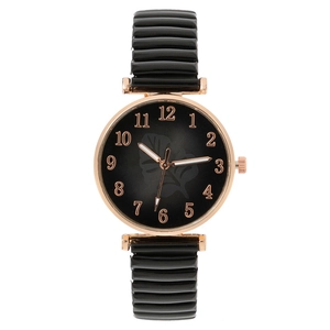 Women Quartz Watch Fashion Leaf Pattern Dial Elastic Metal Stretch Band Arabic Numerals Analog Ladies Wristwatch