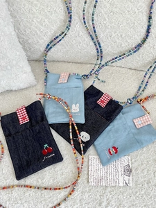 Cute Embroidery Denim Mini Crossbody Bag For Women Small Phone Bag With Colorful Beaded Strap Casual Gingham Flap Shoulder Bag