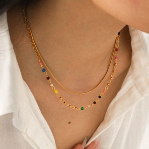 Double Layer Stainless Steel Necklace For Women French Bohemian Style Colorful Beads Gold Plated Snake Chain Choker