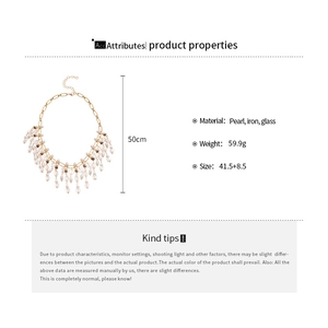 Detail specifications of pearl fringe pendant necklace with material and size measurements