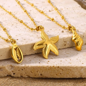 Starfish Conch Shell Pendant Necklace Stainless Steel 18K Gold Plated Artificial Pearl Zircon Beach Summer Vacation Boho For Women