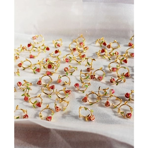 French romantic handmade enamel rose gold earrings with red flowers and green leaves