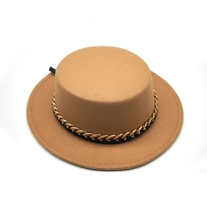 Classic camel wool felt boater hat with a stylish flat top and gold chain link band