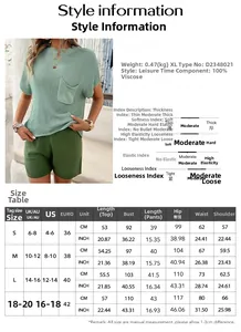 Detailed size guide table for women's two-piece casual short pants and sweater set
