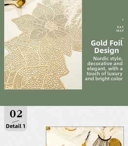 Detailed view of golden PVC hollowed floral table runner with nordic leaf patterns