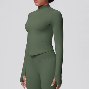 Close-up of military green high-stretch sports jacket with zipper and thumbhole cuffs
