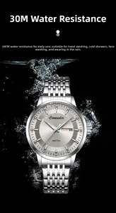 Men's silver stainless steel business watch with 30M waterproof rating and water splash effect