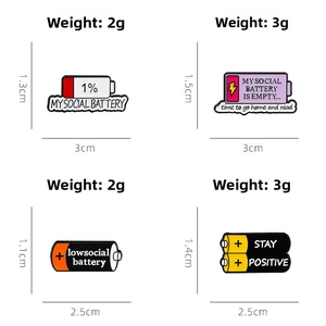 Detailed size and weight chart for enamel social battery slider pins in various colors