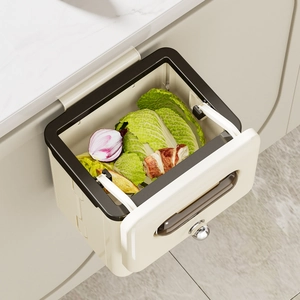 Hanging folding kitchen trash can for cabinet doors in elegant cream white and black