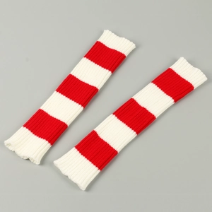 Close-up of red and white striped knit leg warmers with soft textured elastic weave