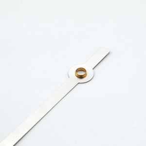 Minimalist quartz clock hands in polished metal finish with golden center shaft