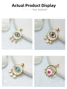 Detailed tile display of four gold plated evil eye pendants with colorful zircon stones