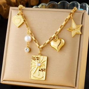 Stainless Steel Multi Pendant Necklace Gold Plated Sun Face Heart Star Evil Eye Faux Artificial Pearl Charm Boho Style For Women