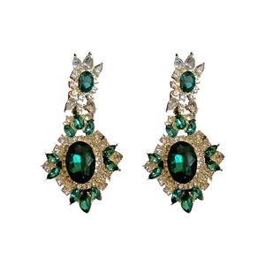Elegant emerald green drop earrings with gold vintage crystal floral vine design