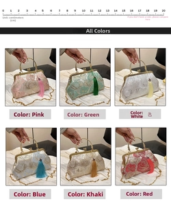Detail view of jacquard floral evening bags in six colors with metallic handles and tassels