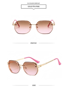 Detailed view of vintage gold metal geometric sunglasses with tea pink gradient lenses
