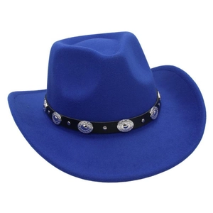 Close-up of royal blue wool felt cowboy hat with black leather band and silver metal conchos