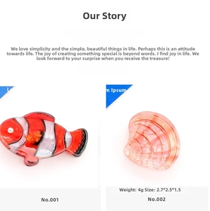 Detail of acrylic clownfish and shell hair clips with sizing and weight measurements