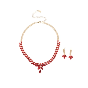 Elegant gold jewelry set featuring red zircon leaves on a necklace and earrings