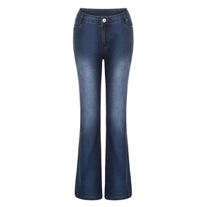 Detail of dark blue flare jeans showing premium denim texture and metal button closure