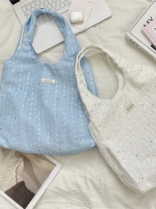 Chic sequined canvas tote bag in light blue and white for summer commuting style