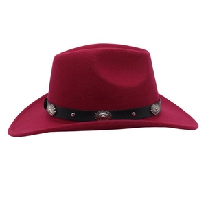 Detailed view of wine red wool felt cowboy hat with black leather band and silver studs