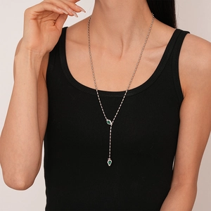 Collier en Y argenté avec pendentifs en cristal vert en forme de goutte pour femme