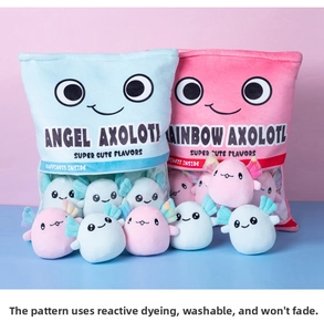 Macro view of plush axolotl snack pillow showing reactive printing and washable fabric
