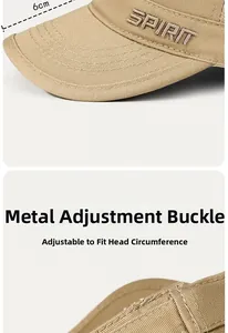 Detail of khaki sun hat with 6cm brim, Spirit embroidery and metal adjustable buckle