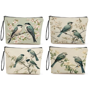 Bird Flower Print Makeup Bag Linen Canvas Zipper Cosmetic Pouch Portable Travel Storage Organizer Wristlet Handbag