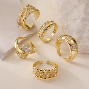 Mode Kupfer Zirkonia Geometrisch Offener Ring Für Damen Verstellbar Vergoldet Blatt Kreuz Mehrlagiges Design Statement Fingerring Schmuck