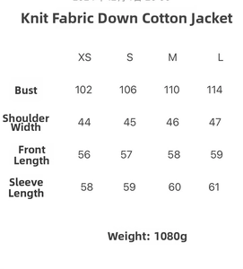 Size chart for stand collar knit padded jacket showing chest and shoulder measurements
