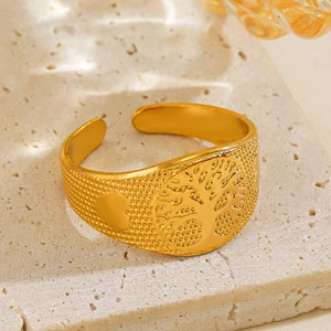 18k gold plated tree of life open ring with heart pattern on beige stone base