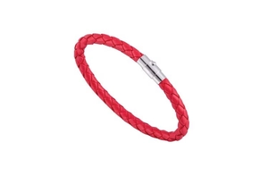 Detail of red braided PU leather bracelet with polished silver magnetic clasp