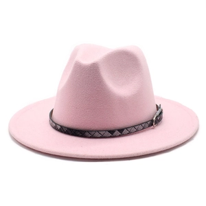 Pink wool felt fedora hat with gray woven belt and silver buckle for women and men