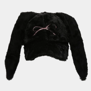 Close-up of black plush bunny ear baseball cap with pink bow embroidery detail