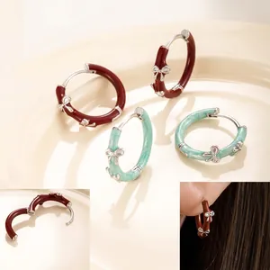 Vintage Enamel Bow Hoop Earrings Copper Bowknot Huggies Sweet Romantic Accessory For Women Burgundy Mint Blue