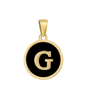 Macro shot of circular black enamel pendant with golden letter G and metallic buckle